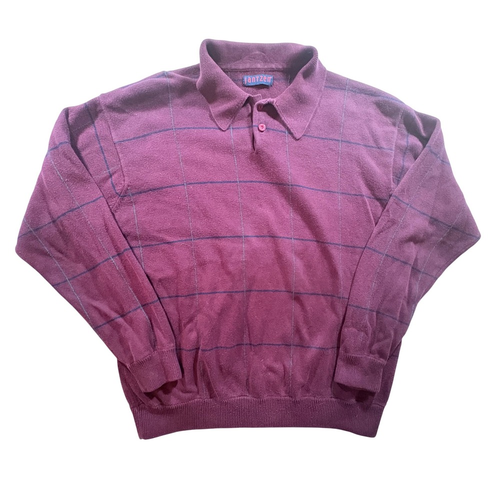 Jantzen Polo Sweater Mens Large Burgundy Windowpane Plaid Long Sleeve Knit Shirt